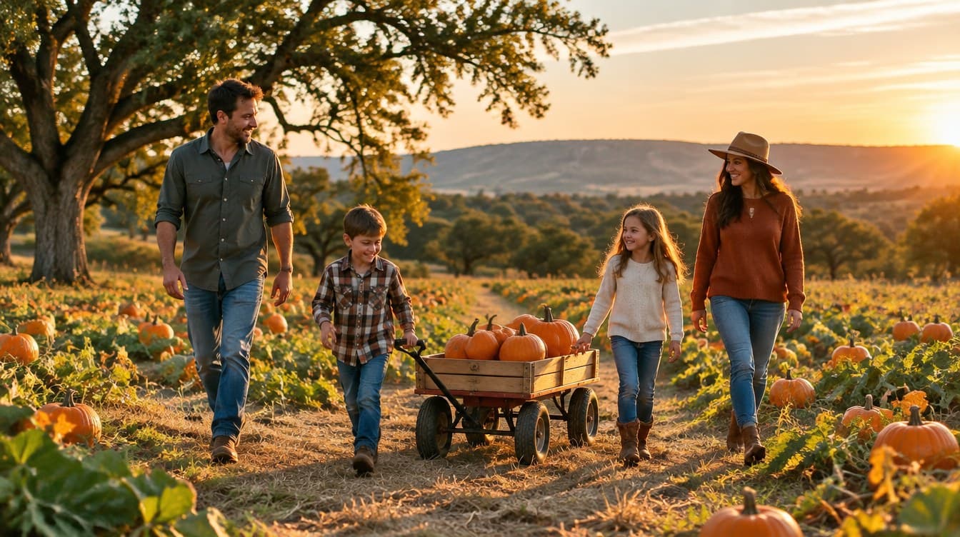Family with two kids pulling a wagon of pumpkins through a golden-hour pumpkin field, live oak overhead and hills behind them