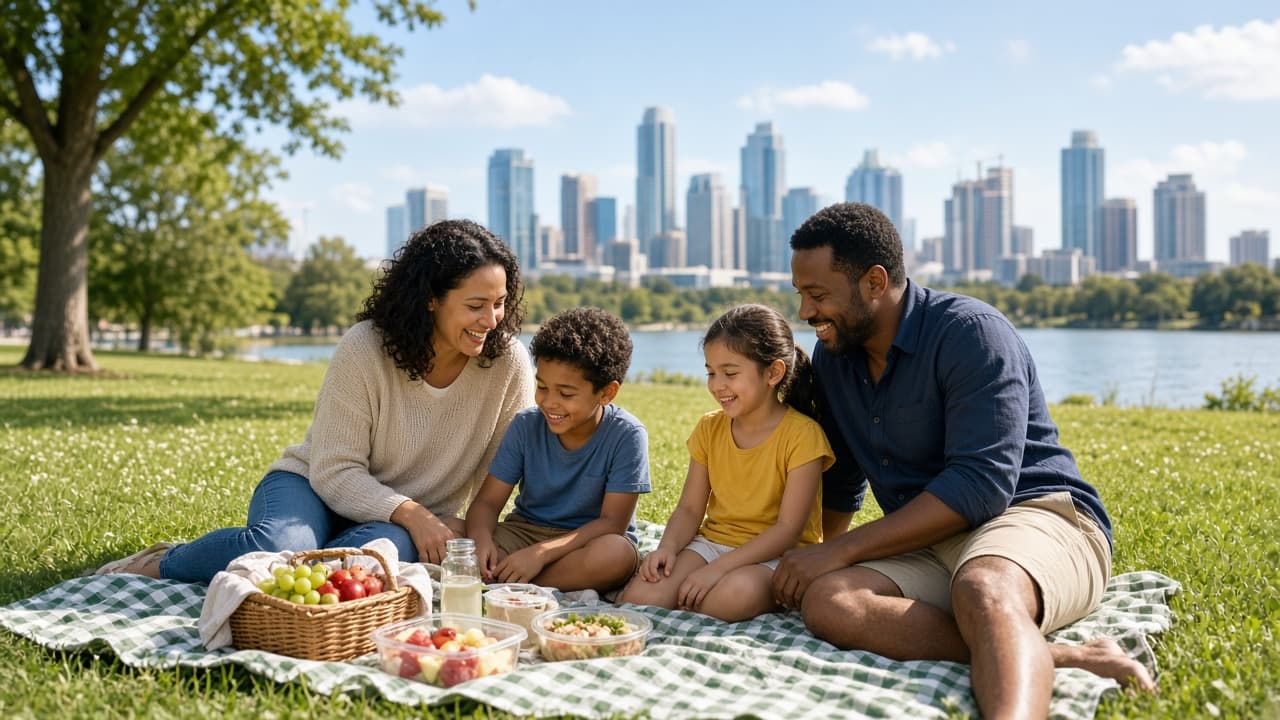 Family picnicking near Lady Bird Lake with the Austin skyline
