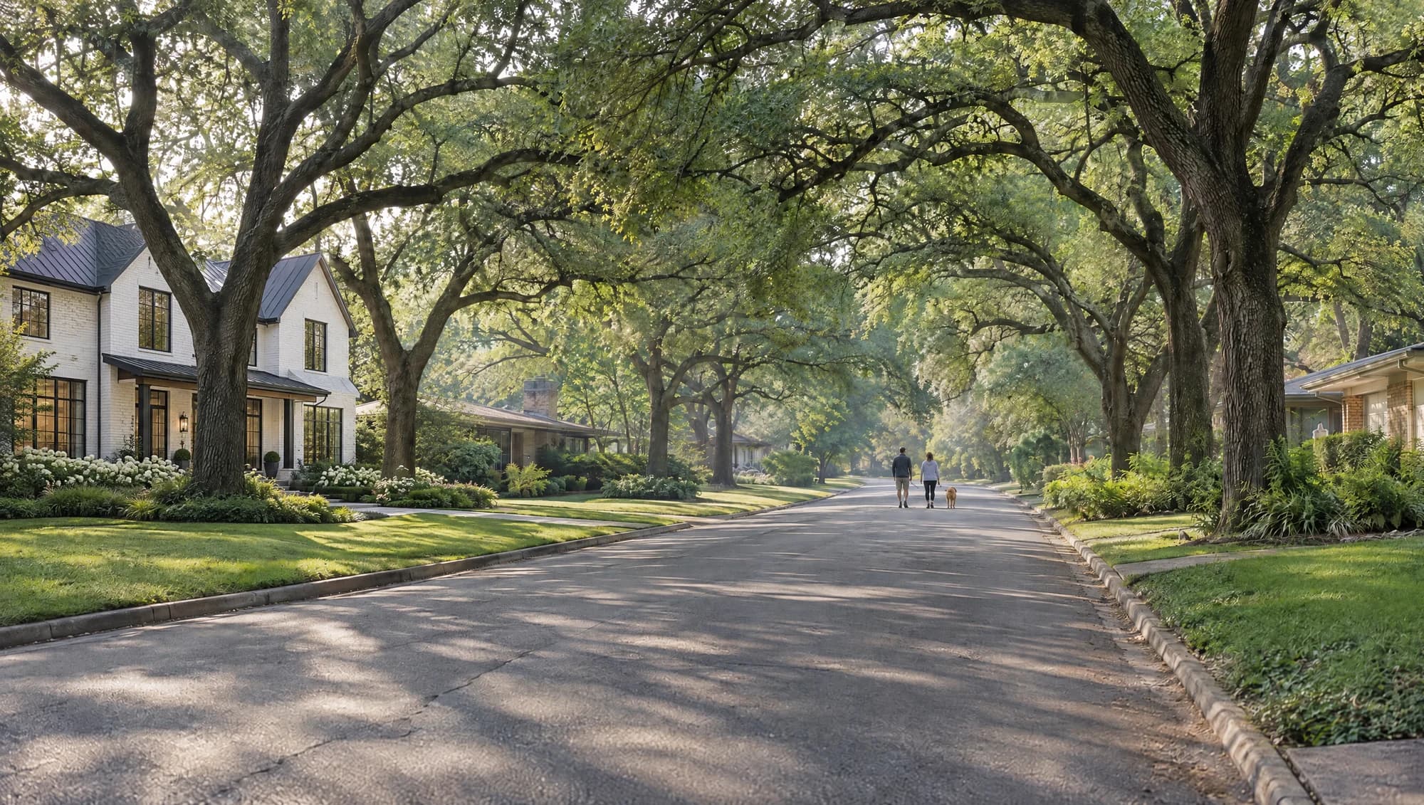 Tree-lined street with live oaks, a mix of ranch and two-story homes, and neighbors walking a dog