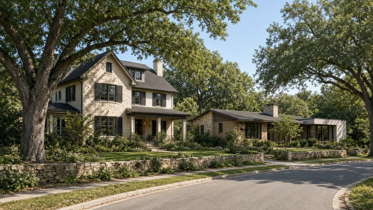 Stone and stucco homes on a tree-lined Tarrytown street in Austin