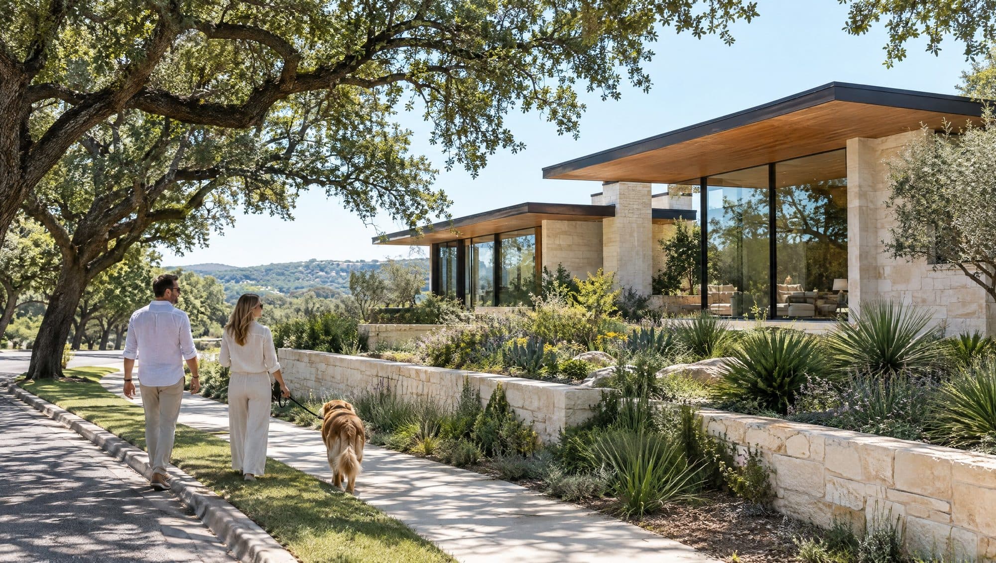 Modern limestone and glass home on a tree-lined Westlake street with live oaks and Hill Country hills